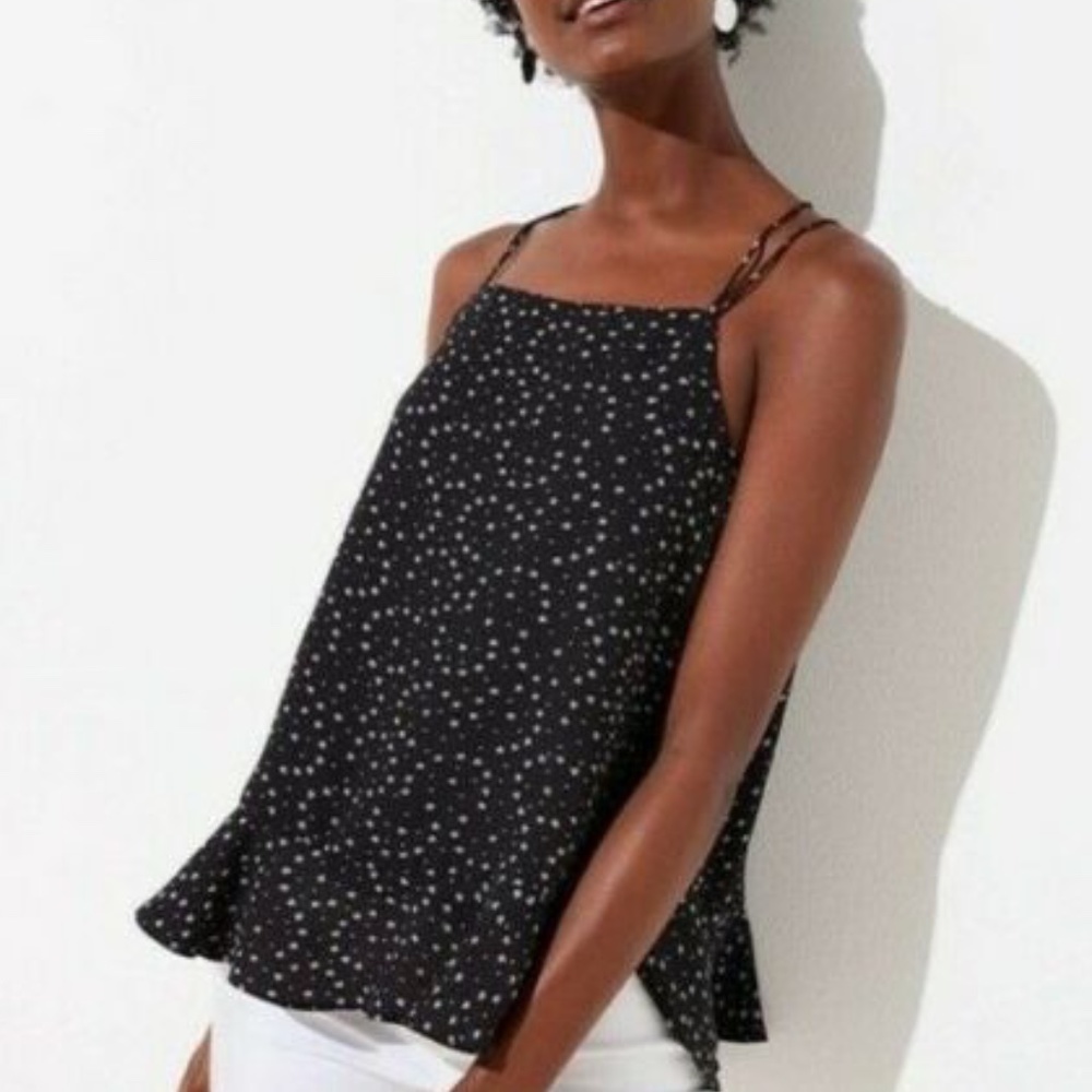 LOFT Black White Print Ruffle Strappy Cami Top